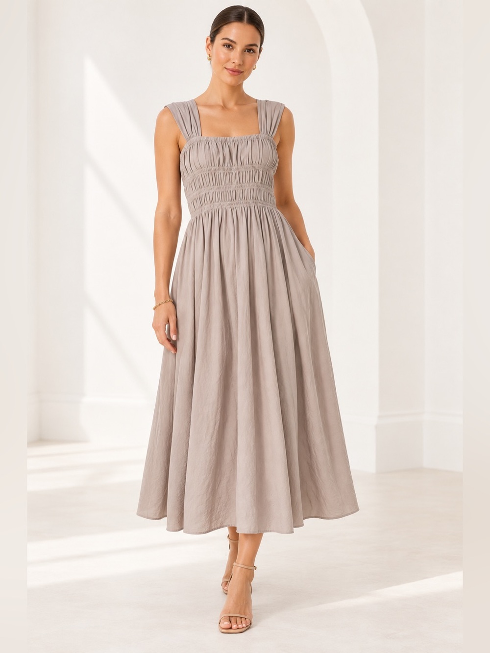 Pomander Place x Tuckernuck | Noah Smocked Cotton Midi Dress Biscotti - Size XL